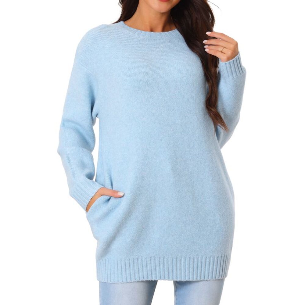 Crewneck Long Sleeve Oversized Loose Chunky Warm Pullover Sweater Top Light Blue